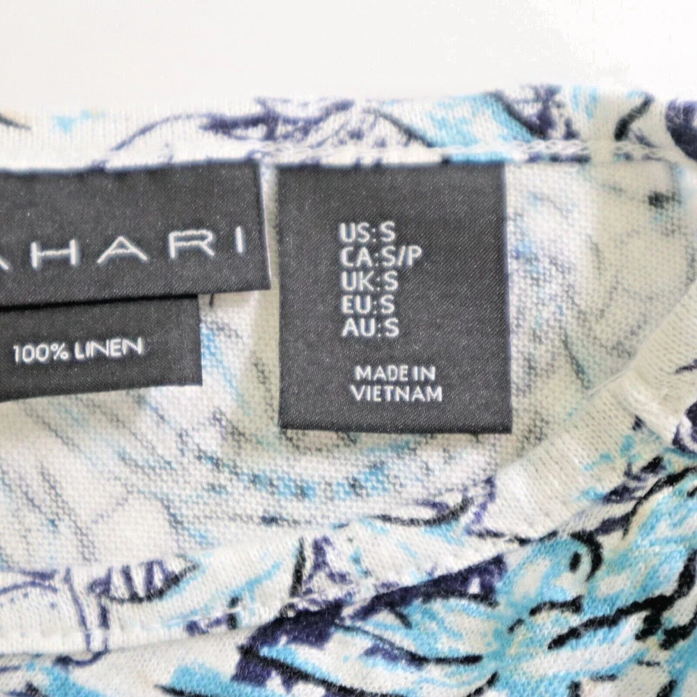 Tahari Size S Linen Slub Knit Tee Button Back Birds Flower Blue White